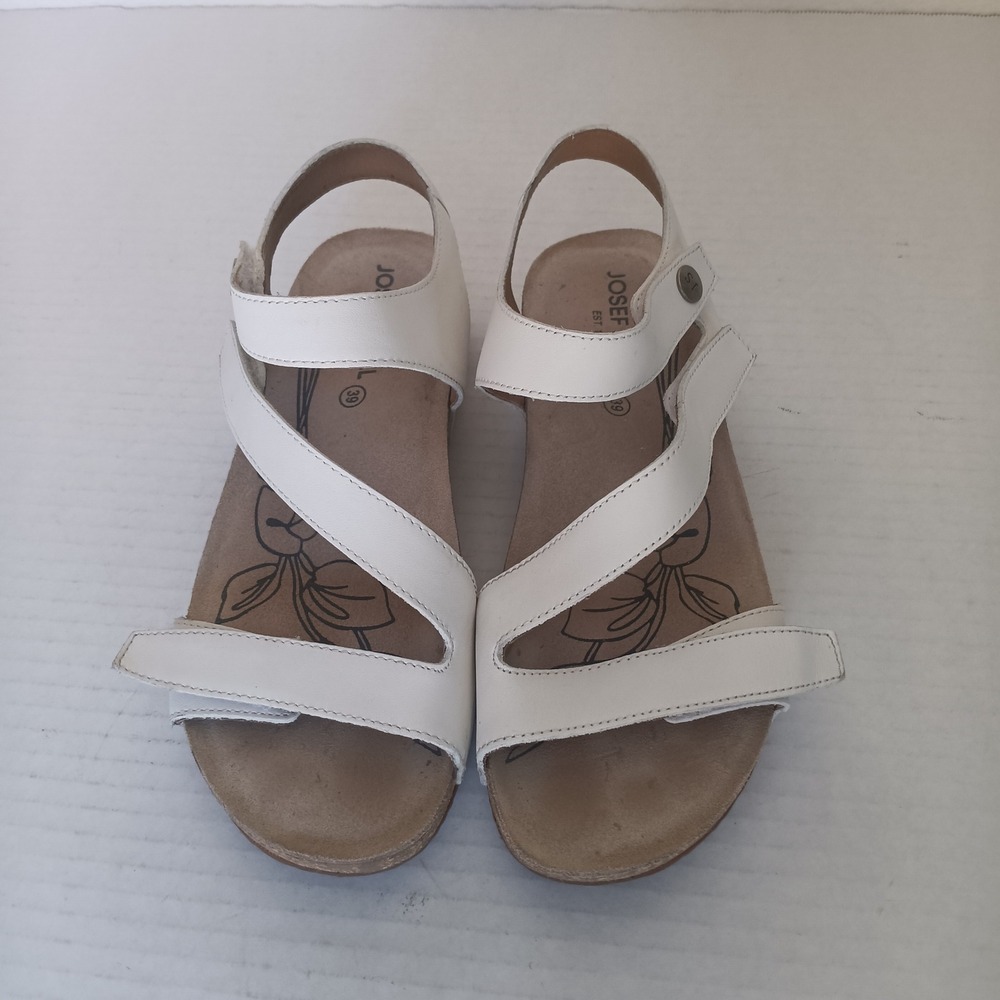 Josef Seibel Strappy Sandal Women 39 White Leather Adjustable Cork Wedge 78519 - Picture 2 of 7